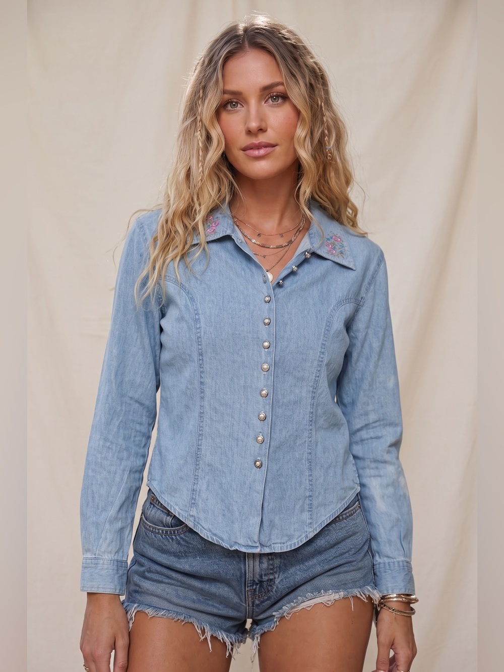 Vintage Embroidered Denim Western Shirt Pearl Snap Floral S